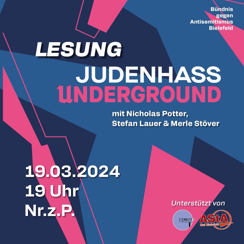 Veranstaltung am 19.3.: Lesung aus „Judenhass Underground“ mit Nicholas Potter, Stefan Lauer & Merle Stöver